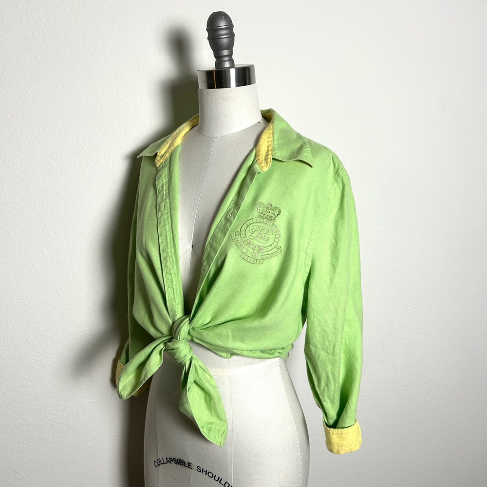 Lauren Ralph Lauren Green Linen Embroidered Crest Button Down Shirt VTG Women L